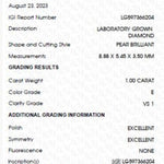 Load image into Gallery viewer, Diamant Taille POIRE 1.00 ct, certificat IGI, Diamant de Laboratoire, couleur E, pureté VS1