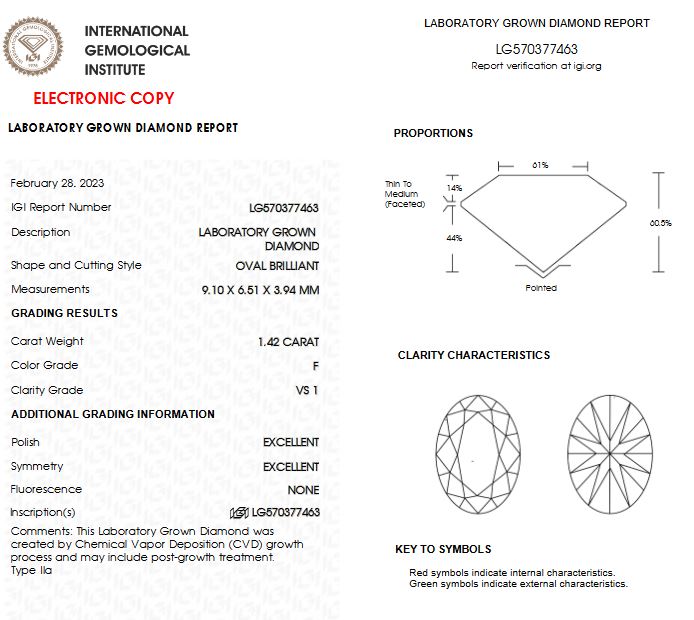 Diamant OVALE 1.42 ct, certificat IGI Diamant de Laboratoire, couleur F, pureté VS1