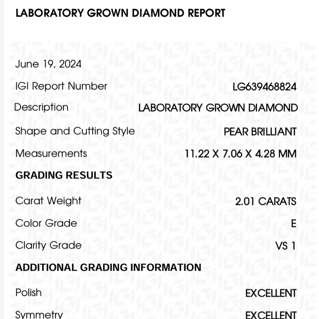 Certificat diamant Poire 2 Carats E VS1 IGI