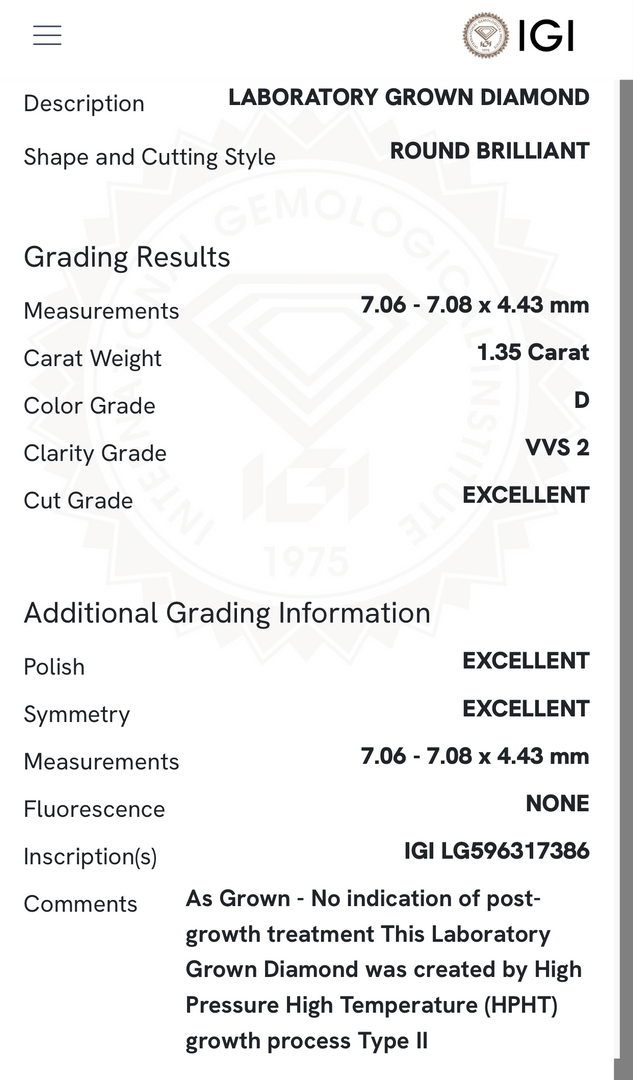 certificat  diamant rond 1.35 carat D VVS2 IGI.