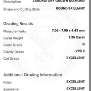 certificat  diamant rond 1.35 carat D VVS2 IGI.