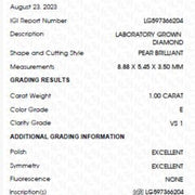 Diamant Taille POIRE 1.00 ct, certificat IGI, Diamant de Laboratoire, couleur E, pureté VS1
