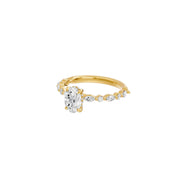 Solitaire diamant synthétique ovale 1.00 Ct épaulé de diamants marquises et ronds or jaune 14 carats Roma