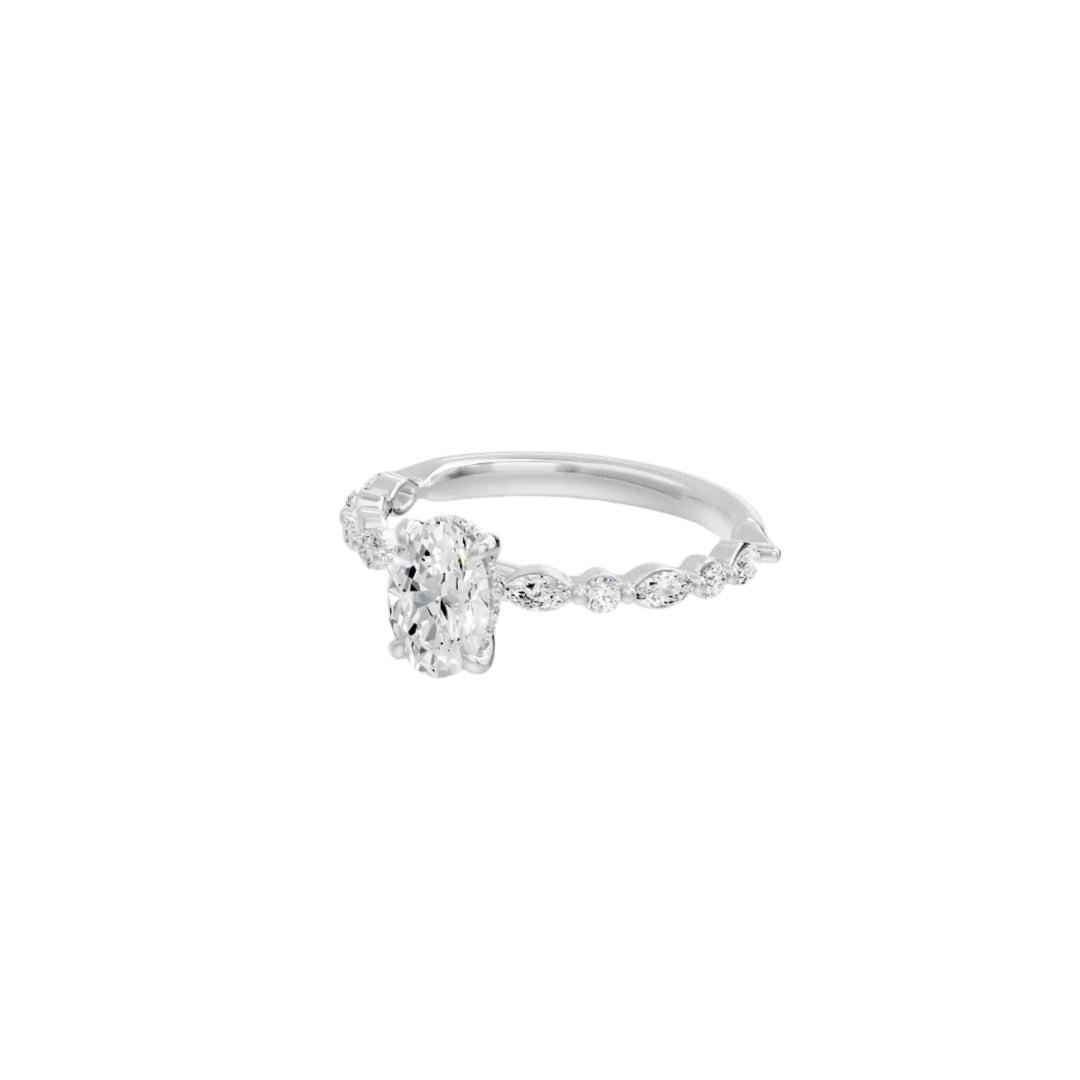 Solitaire diamant synthétique ovale 1.00 Ct épaulé de diamants marquises et ronds or blanc 14 carats Roma