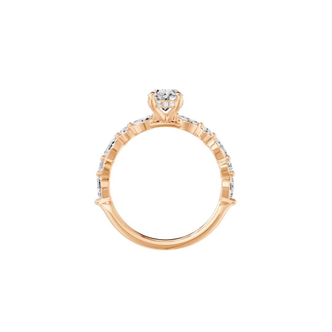 Solitaire diamant synthétique ovale 1.00 Ct épaulé de diamants marquises et ronds or rose 14 carats Roma