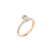 Solitaire diamant synthétique ovale 1.00 Ct épaulé de diamants marquises et ronds or rose 14 carats Roma