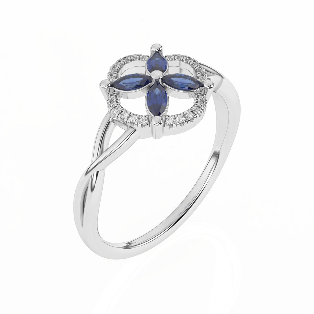 Bague de fiançailles saphirs marquises et diamants naturels ronds 0.51 carat or blanc 14 carats Clarina