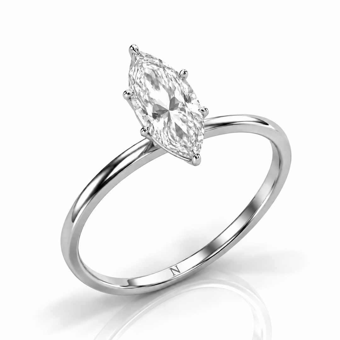 Bague solitaire 1.00 carat or blanc diamant synthétique marquise Ely
