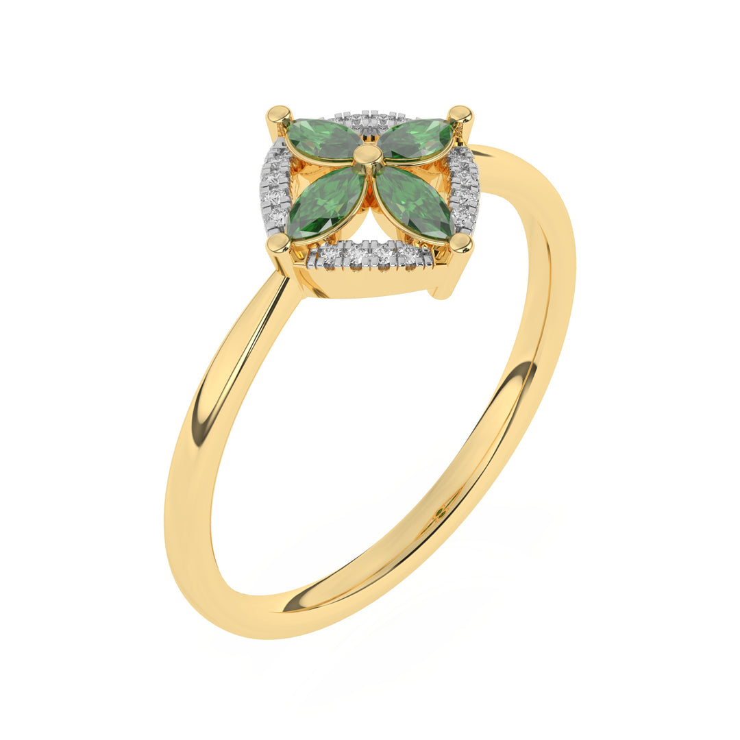 Bague Émeraudes marquises et diamants naturels ronds 0.49 carat or jaune 14 carats Paolina