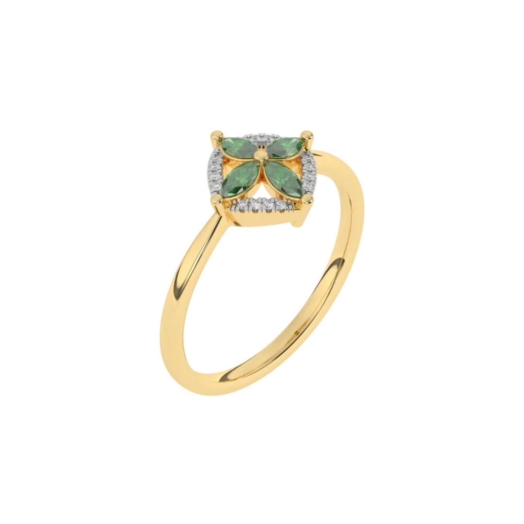 Bague de fiançailles Émeraudes marquises et diamants synthétiques ronds 0.49 carat or jaune 14 carats Paolina