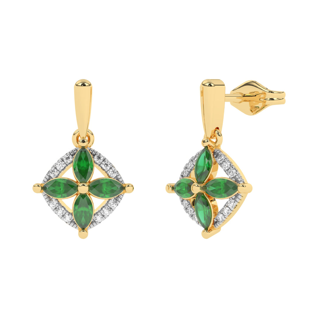 Boucles d'oreilles Émeraudes marquises et diamants naturels ronds 0.98 carat or jaune 14 carats Paolina