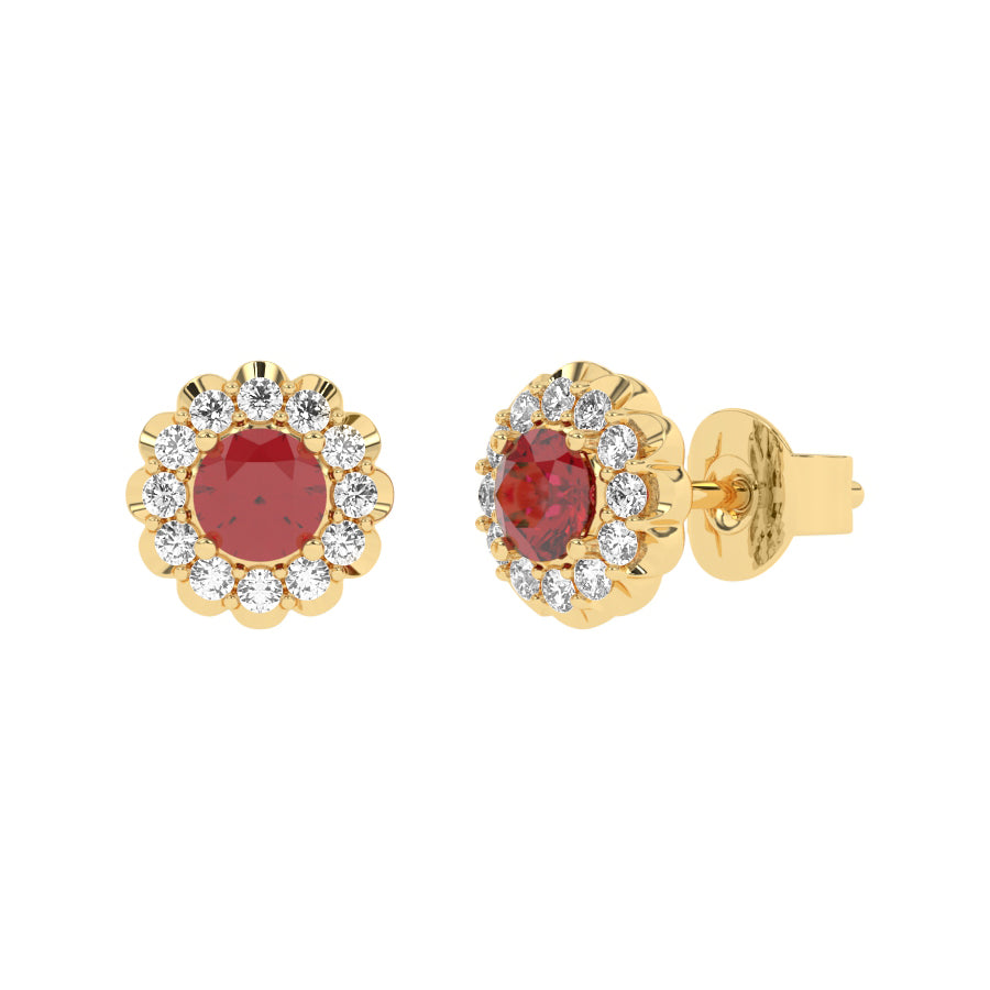 Boucles d'oreilles rubis ronds et diamants naturels ronds 1.02 carat or jaune 14 carats Renza