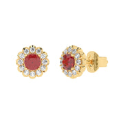 Boucles d'oreilles rubis ronds et diamants naturels ronds 1.02 carat or jaune 14 carats Renza
