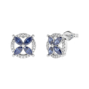 Boucles d'oreilles saphirs marquises et diamants synthétiques ronds 1.01 carat or blanc 14 carats Clarina