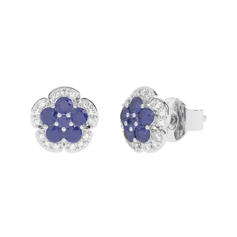 Boucles d'oreilles saphirs ronds et diamants naturels ronds 0.75 carat or blanc 14 carats Seraphina