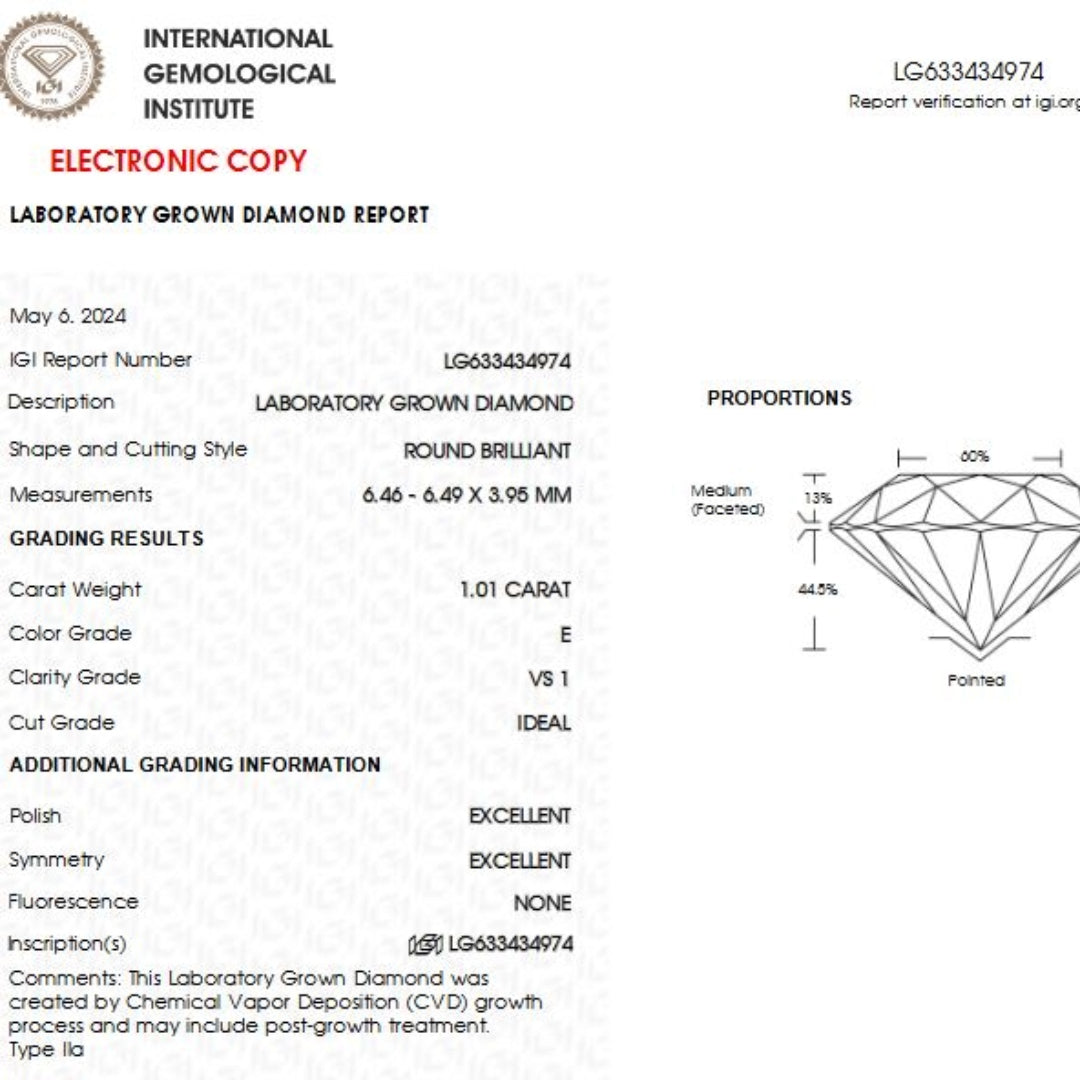 certificat 1.00 E VS1 IGI