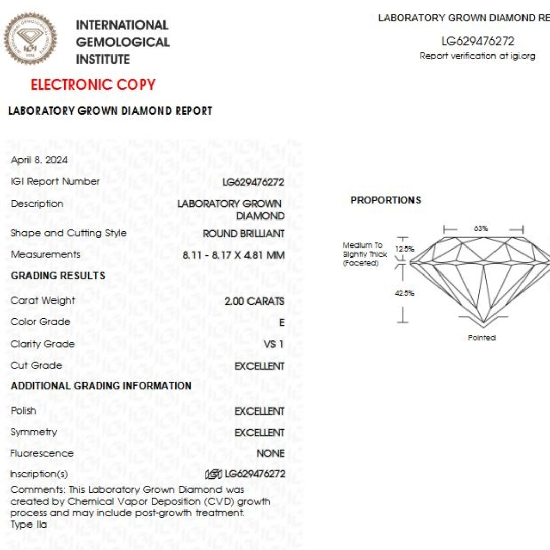 Diamant Rond 2.00 Carats , certificat IGI diamant de laboratoire, couleur E, pureté VS1