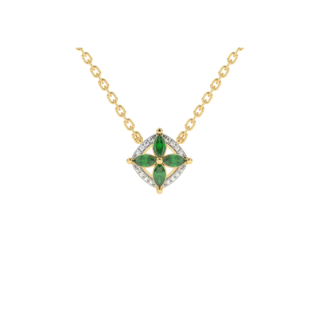 Pendentif Émeraudes marquises et diamants naturels ronds 0.49 carat or jaune 14 carats Paolina