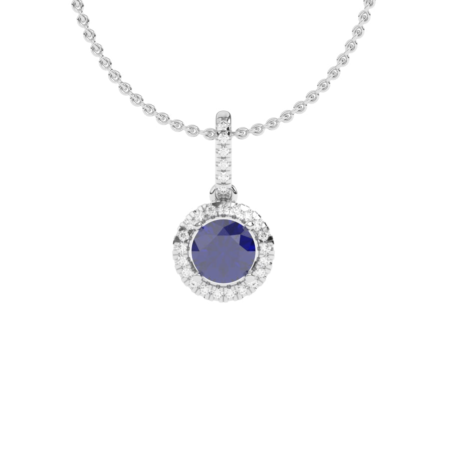 Pendentif saphir rond et diamants naturels ronds 0.78 carat or blanc 14 carats Nerina