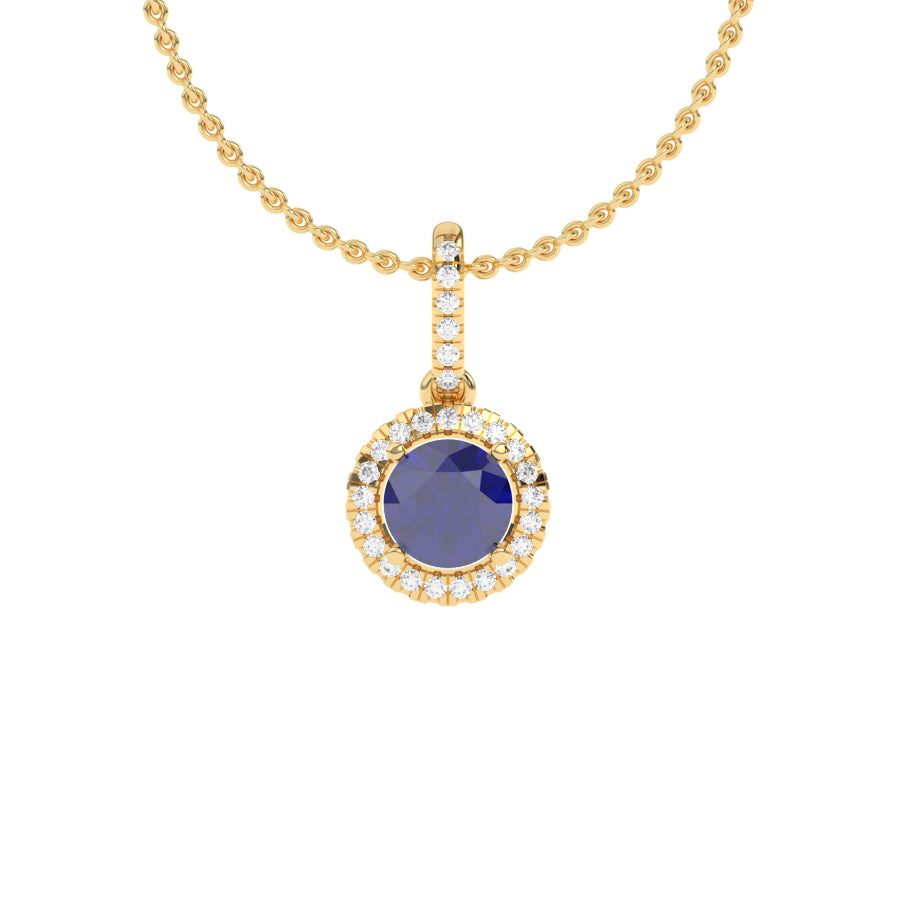 Pendentif saphir rond et diamants naturels ronds 0.78 carat or jaune 14 carats Nerina