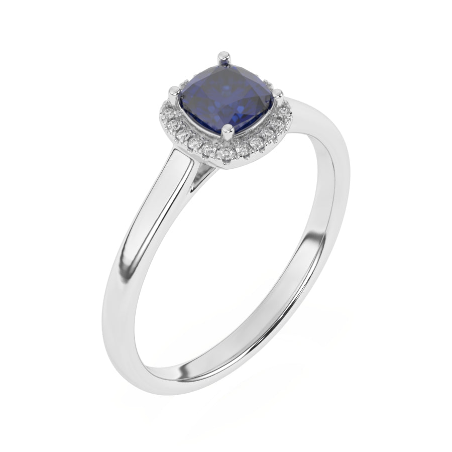 Solitaire saphir coussin et diamants naturels ronds 0.76 carat or blanc 14 carats Mirabella