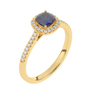Bague Mirabella pavée solitaire saphir coussin et diamants naturels ronds 0.86 carat or jaune 14 carats