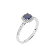 bague saphir coussin et diamants naturels ronds 0,70  carat or blanc Mirabella pavée