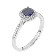 Solitaire bague saphir coussin et diamants naturels ronds 0.86 carat or blanc 14 carats Mirabella pavée