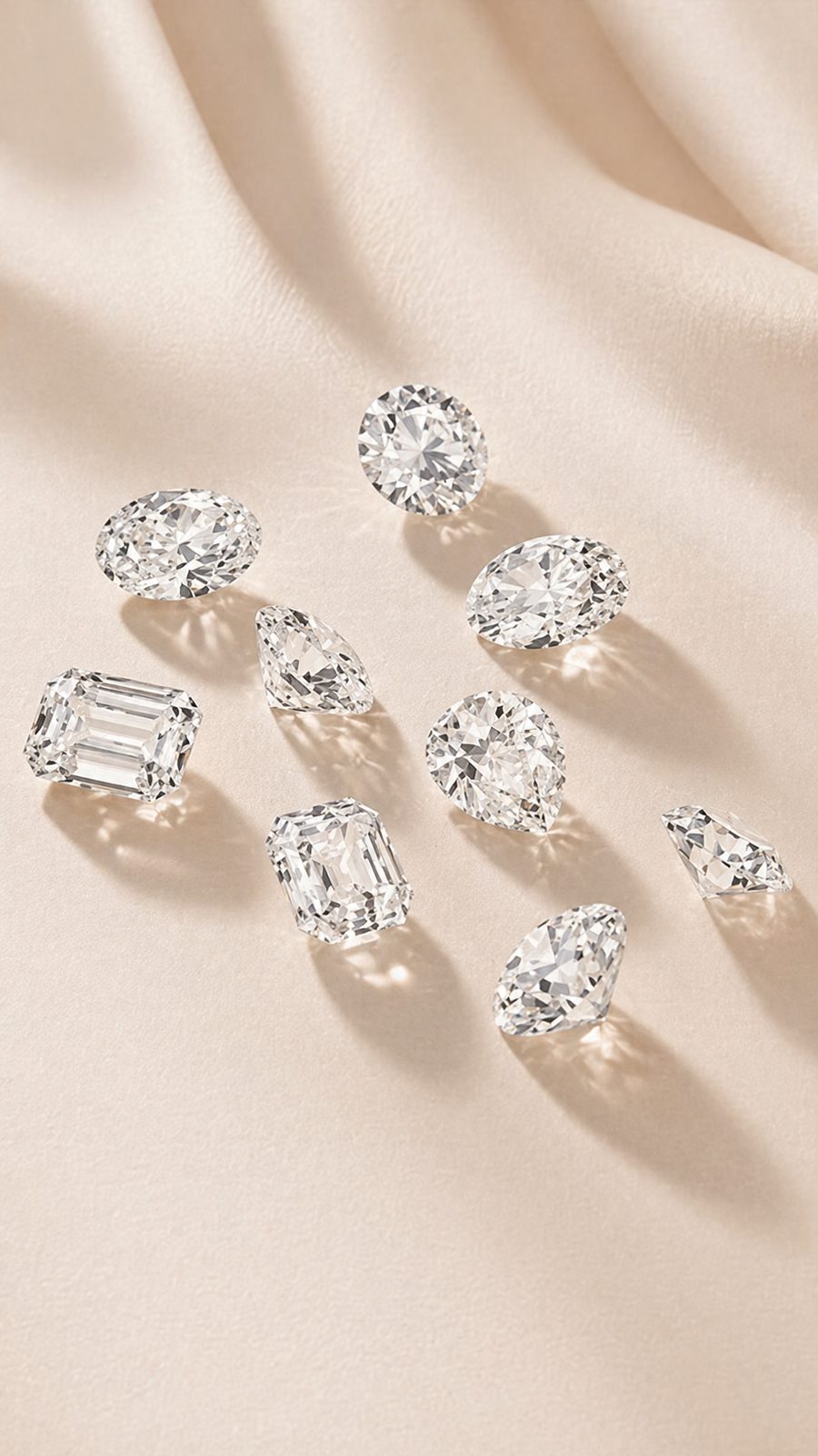 Diamants de synthèse de tailles rond, ovale, poire, émeraude et coussin sur satin beige