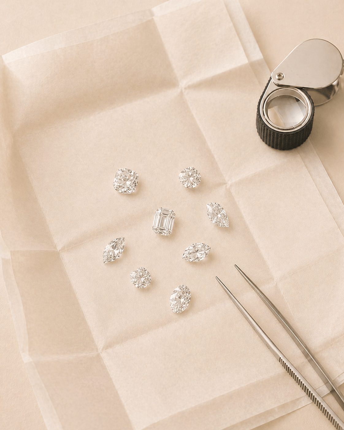 Diamants de synthèse sur papier de pliage avec loupe et pince de diamantaire