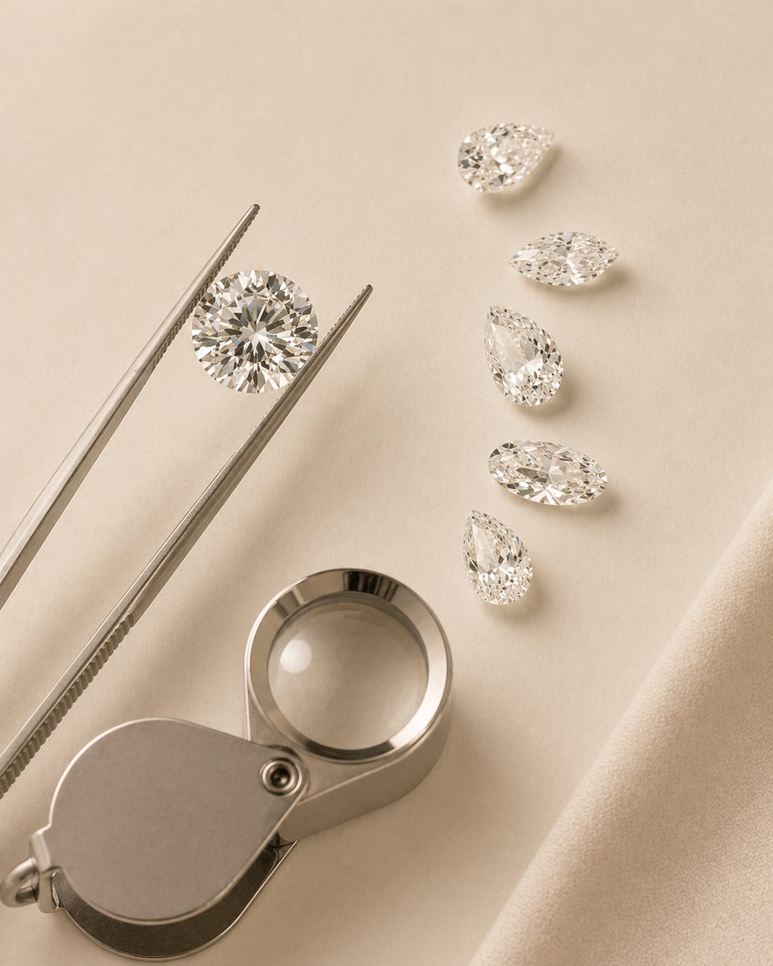 Diamant rond tenu à la pince près d'une loupe de diamantaire, entouré de pierres taillées