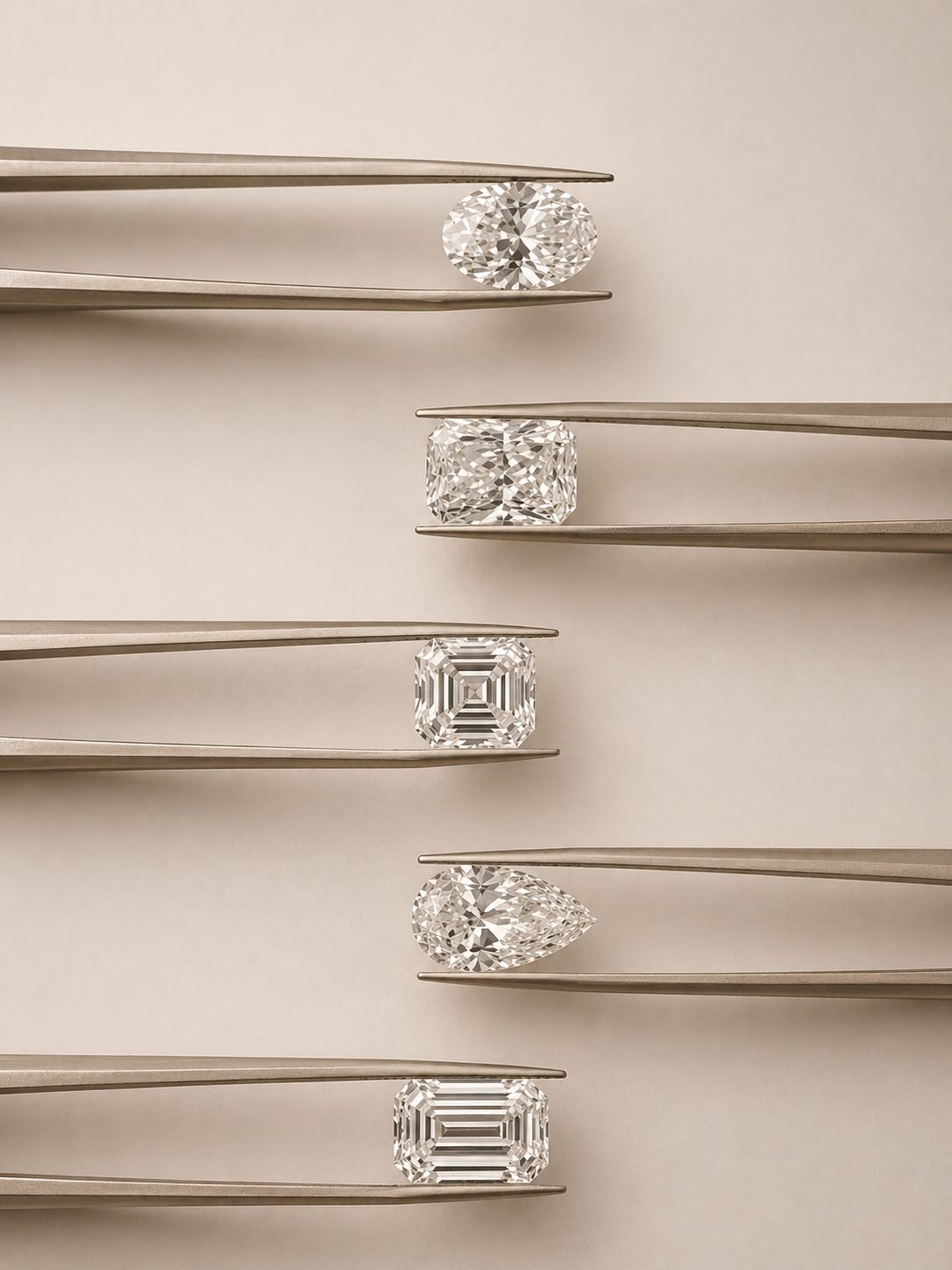 Cinq diamants ovale, radiant, Asscher, poire et émeraude tenus par des pinces de diamantaire