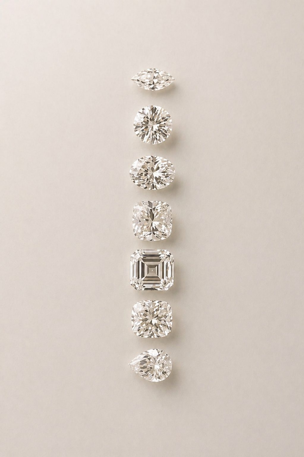 Sept diamants naturels de tailles différentes alignés : marquise, rond, ovale, coussin, Asscher et poire