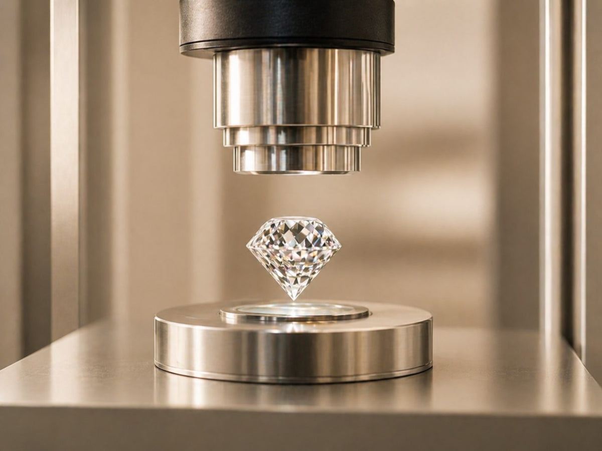 Diamant taillé posé sous le piston d'une presse de laboratoire, évocation de la synthèse HPHT