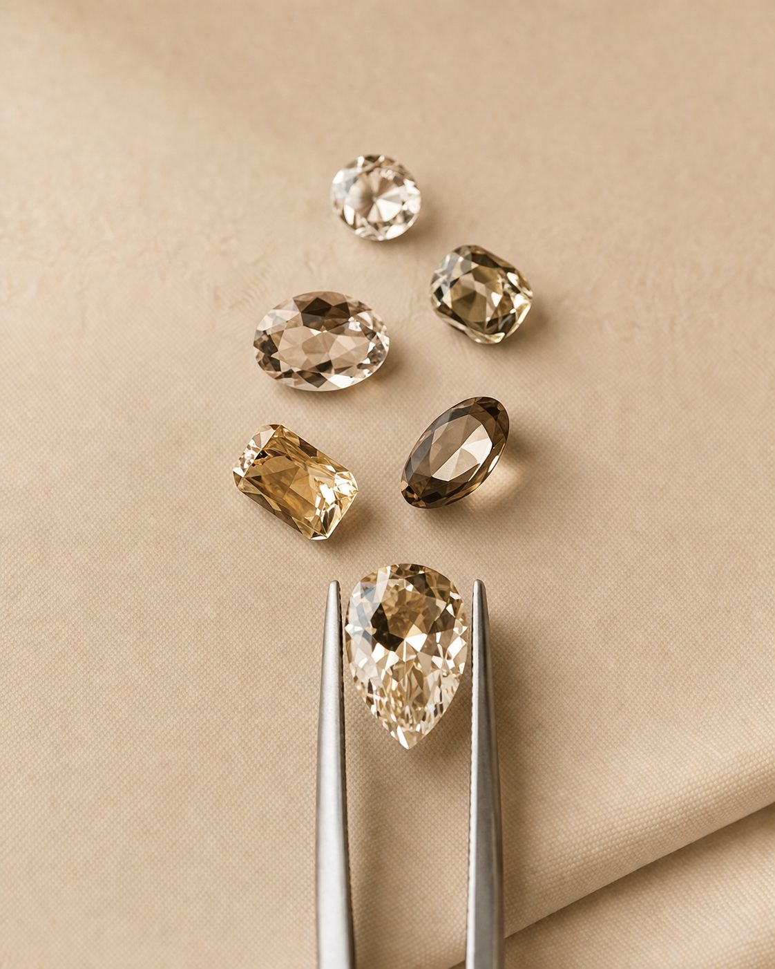 Diamants bruns et champagne de différentes tailles, une poire saisie à la pince sur fond beige