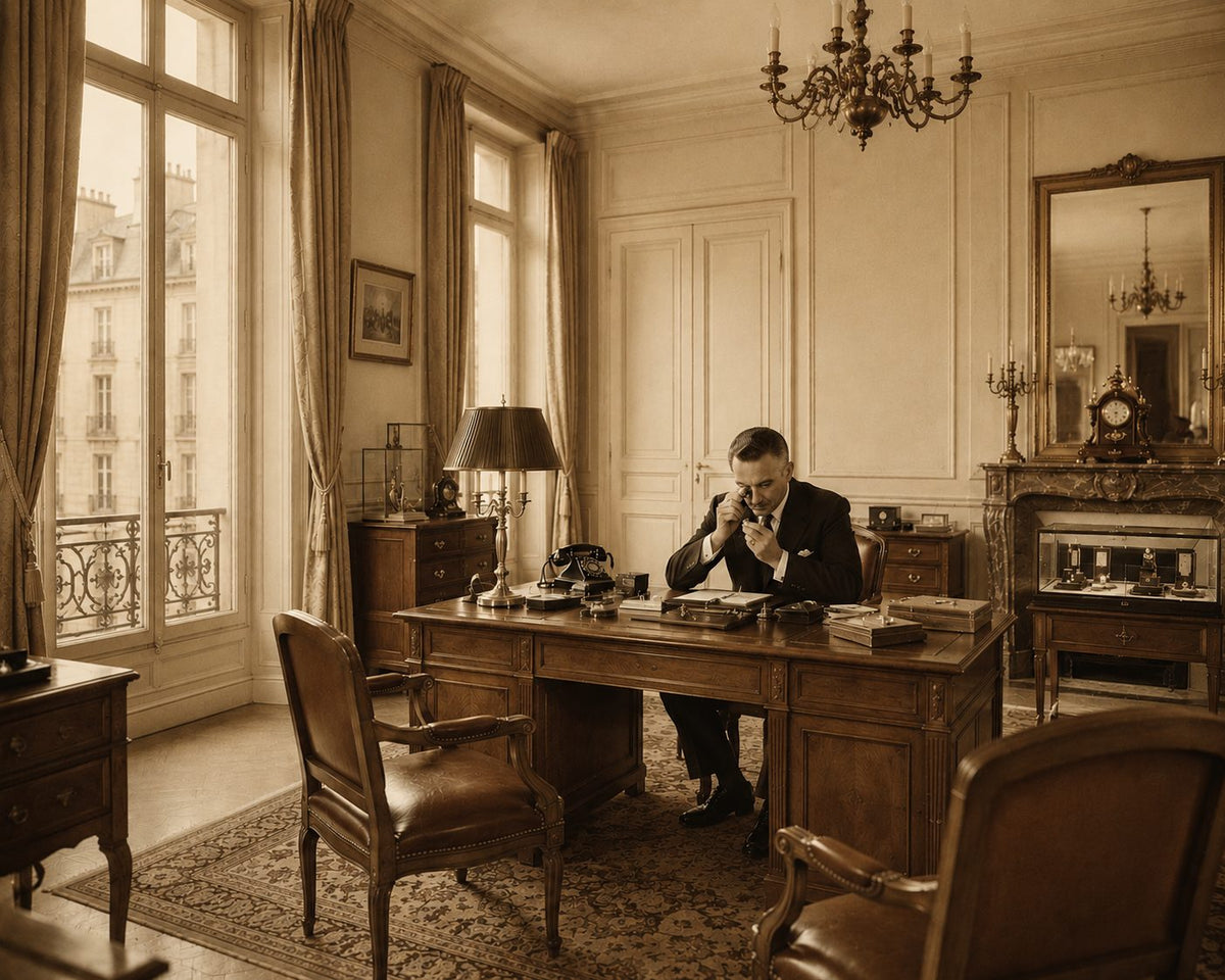 Daniel, diamantaire, examine une pierre à la loupe dans son bureau parisien des années 1970