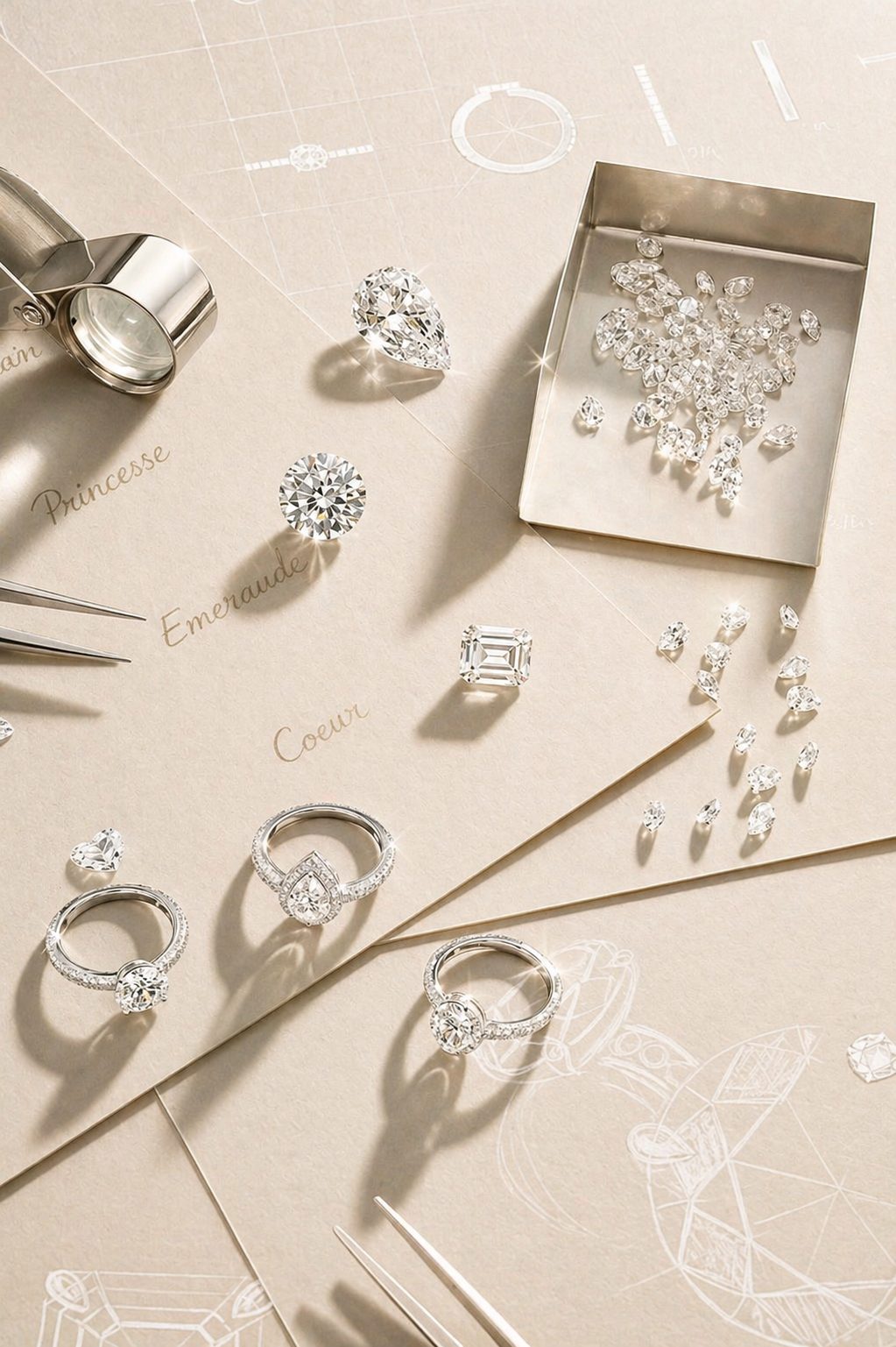 Diamants, bagues serties et croquis de joaillerie sur la table de l'atelier Noely Diamant