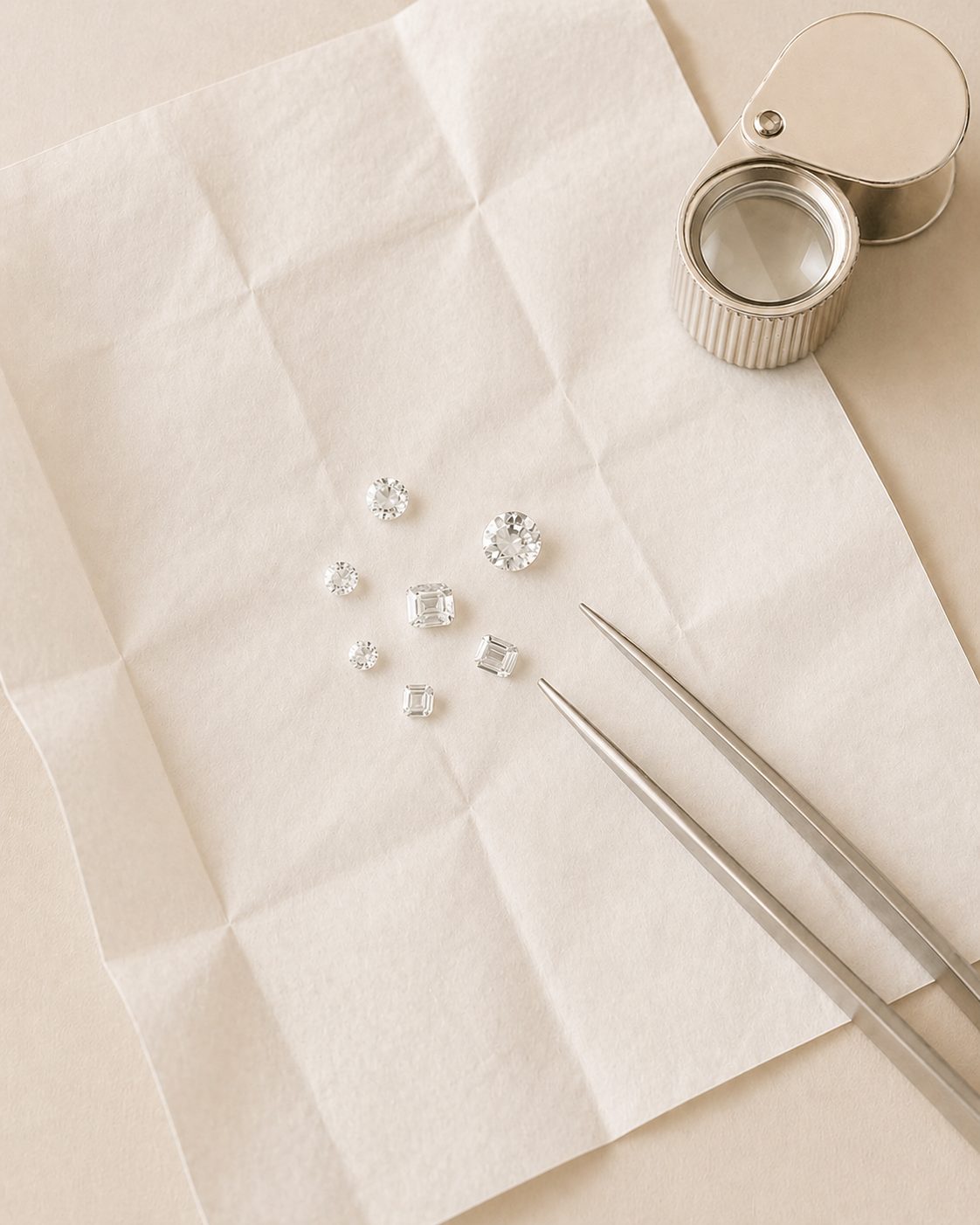 Petits diamants posés sur un papier de pliage, avec la loupe et la pince du diamantaire