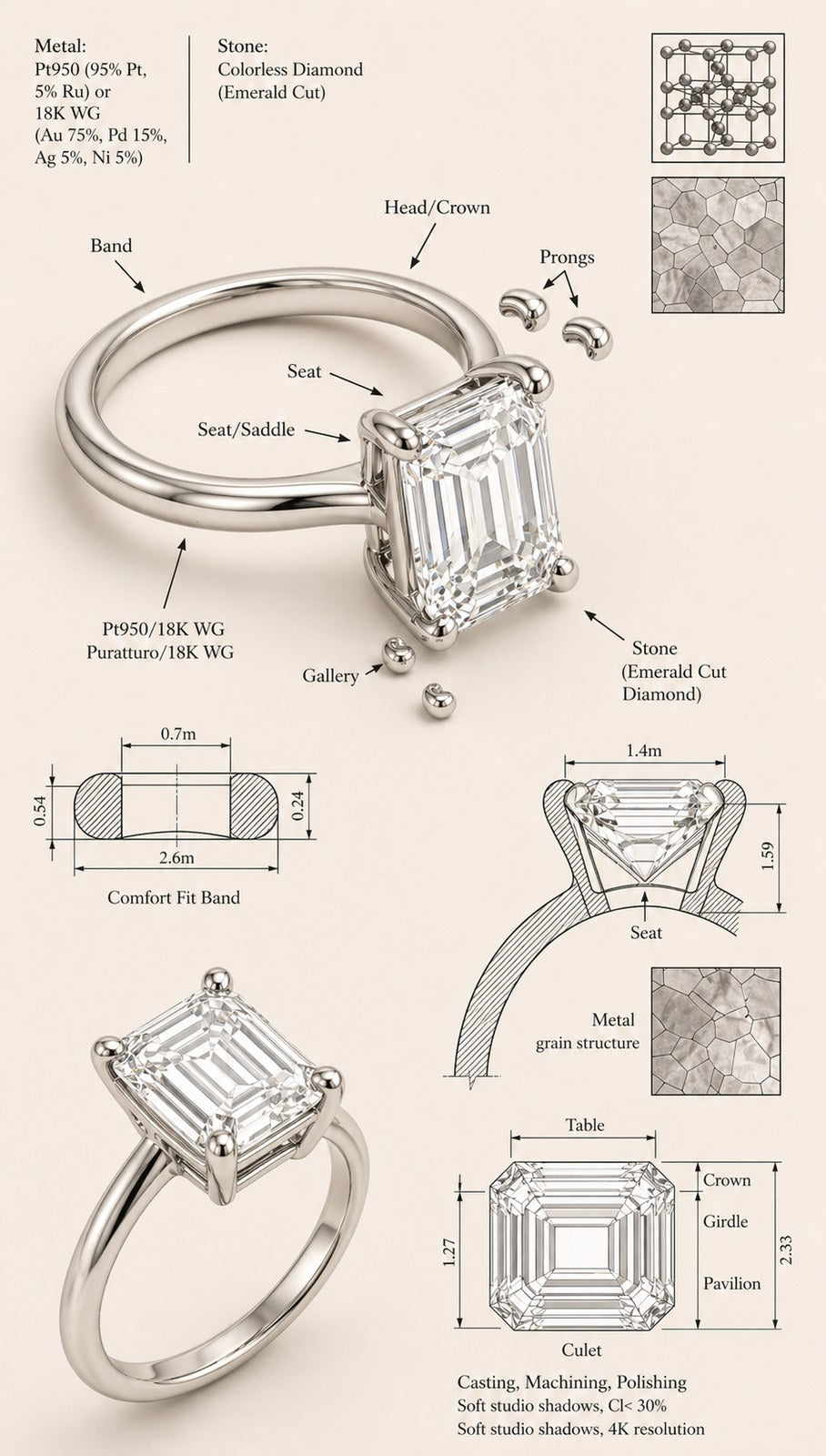 Schéma technique d'une bague solitaire diamant taille émeraude : anneau, tête, griffes et cotes
