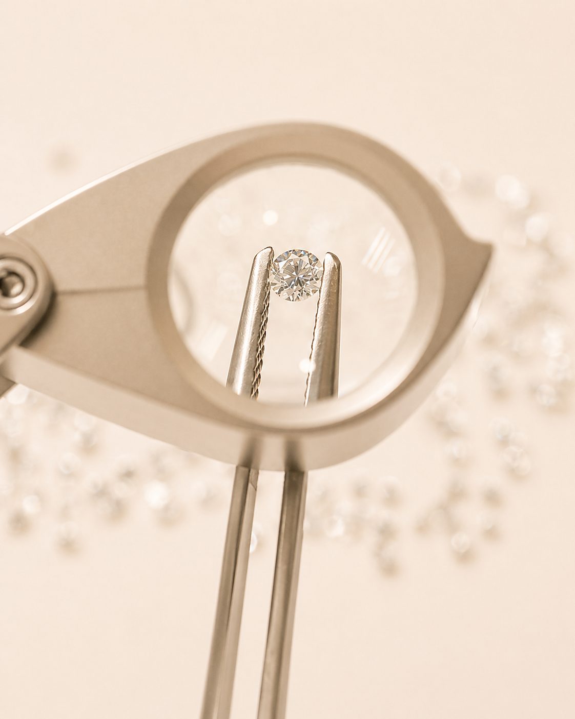 Diamant tenu à la pince sous la loupe du diamantaire, entouré de pierres en vrac